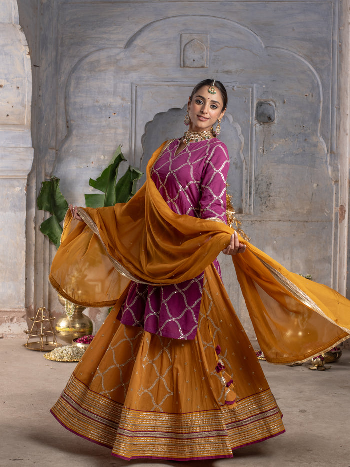 BRINJAL WITH MUSTURD COTTON ROUND NECK ZARI WORK WITH GOTA ON SKIRT FULL SET