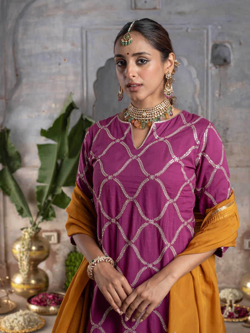 BRINJAL WITH MUSTURD COTTON ROUND NECK ZARI WORK WITH GOTA ON SKIRT FULL SET