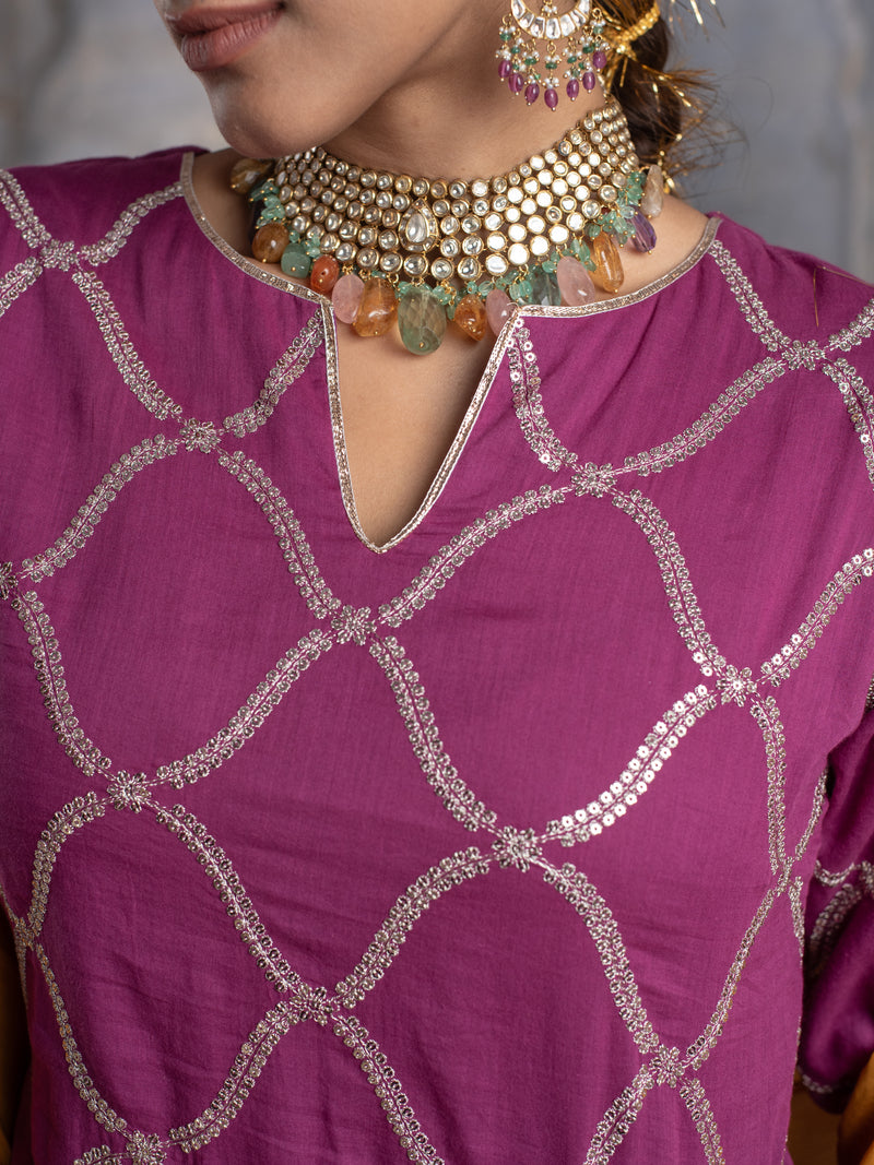 BRINJAL WITH MUSTURD COTTON ROUND NECK ZARI WORK WITH GOTA ON SKIRT FULL SET