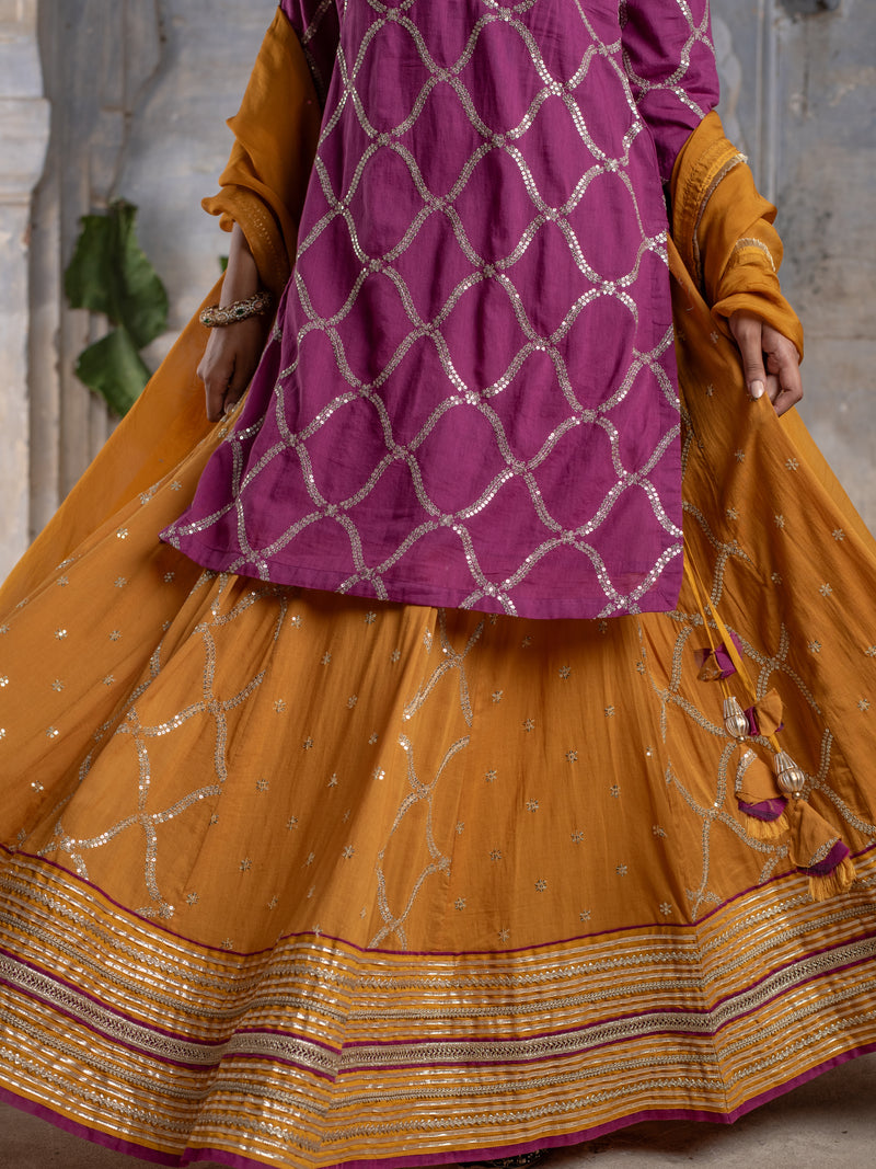 BRINJAL WITH MUSTURD COTTON ROUND NECK ZARI WORK WITH GOTA ON SKIRT FULL SET