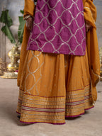 BRINJAL WITH MUSTURD COTTON ROUND NECK ZARI WORK WITH GOTA ON SKIRT FULL SET