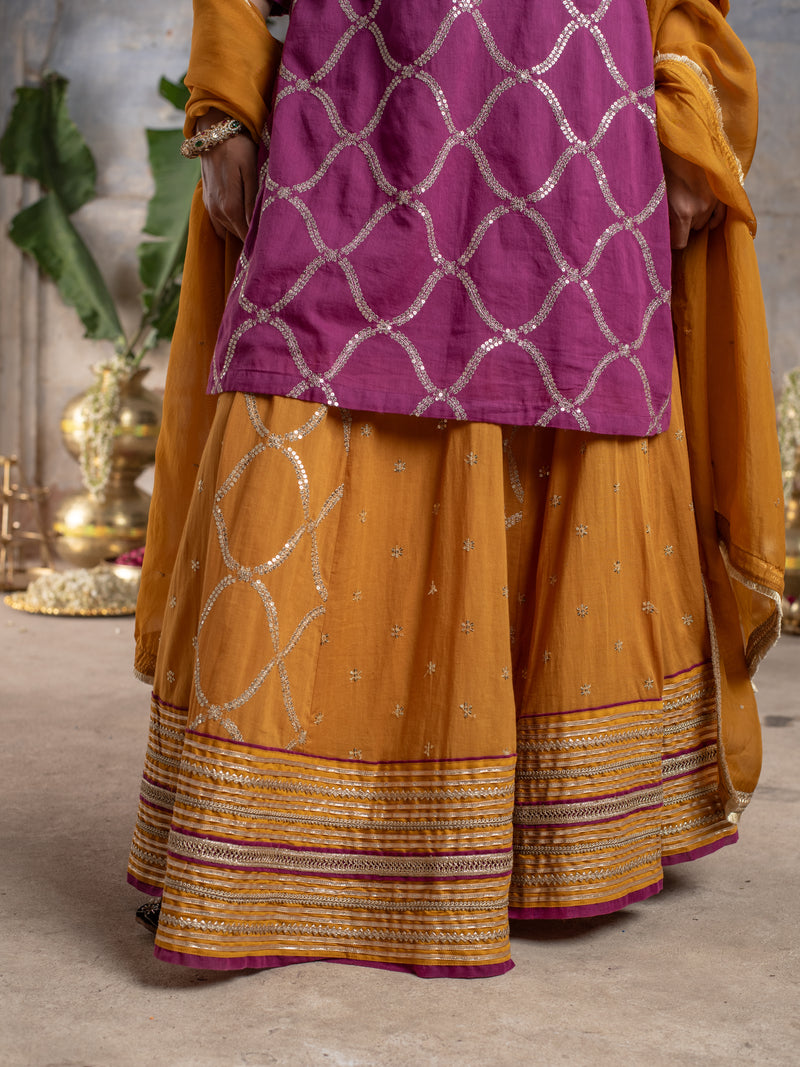 BRINJAL WITH MUSTURD COTTON ROUND NECK ZARI WORK WITH GOTA ON SKIRT FULL SET