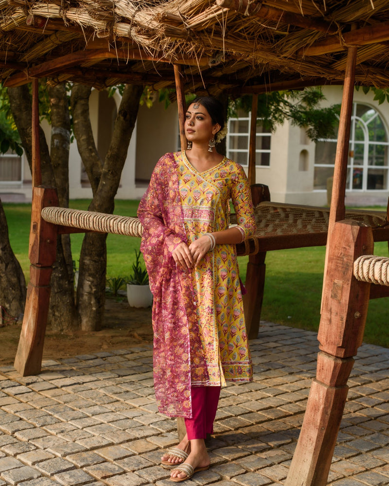 Yellow A-Line Kurta Dupatta Set For Women's