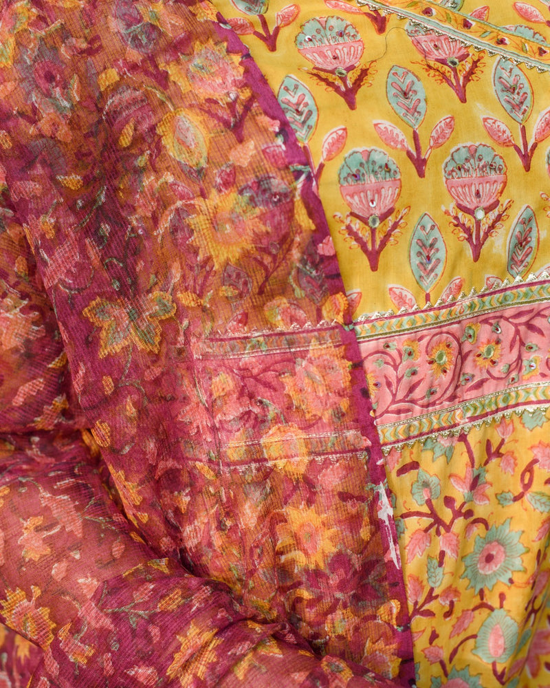 Yellow A-Line Kurta Dupatta Set For Women's