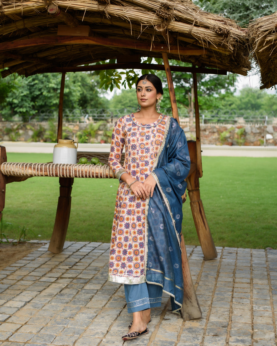 Blue Cotton Round neck  Kurta Pant Set with Dupatta