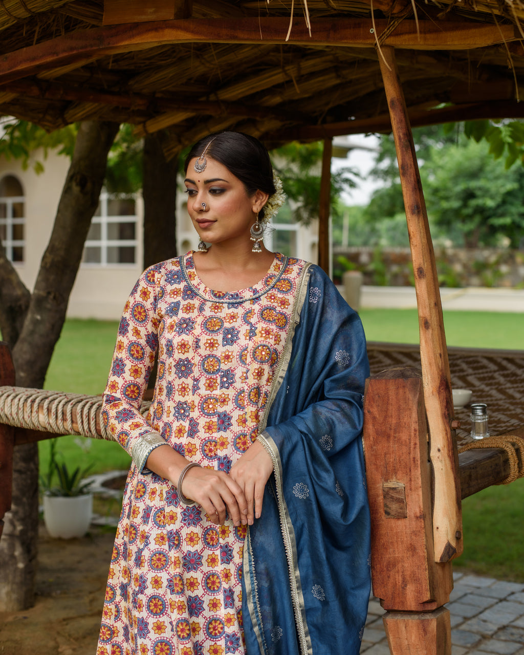 Blue Cotton Round neck  Kurta Pant Set with Dupatta