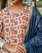 Blue Cotton Round neck  Kurta Pant Set with Dupatta