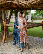 Blue Cotton Round neck  Kurta Pant Set with Dupatta