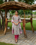 Sea Green Cotton A-line Kurta Dupatta Set (Pant Not Included)