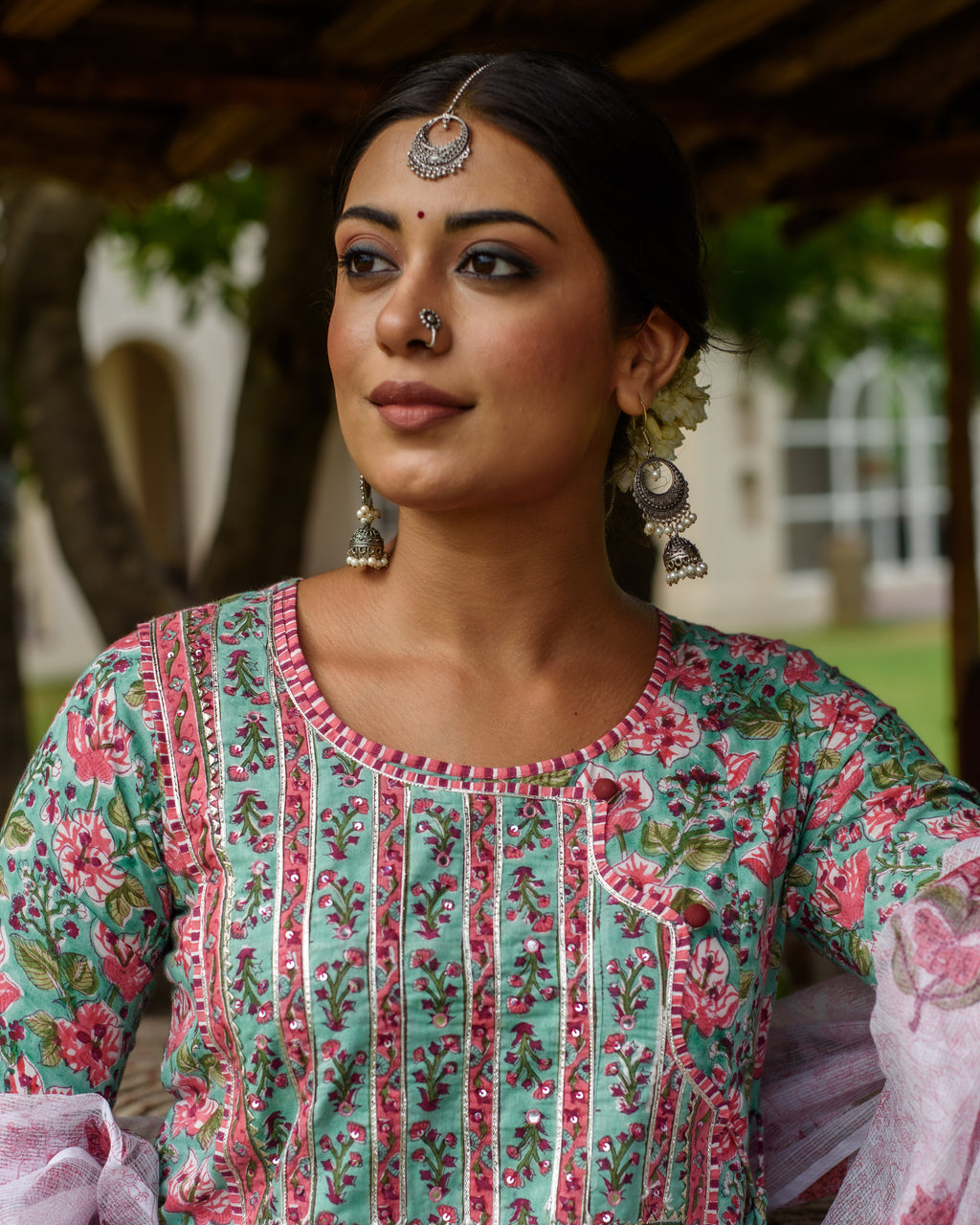 Sea Green Cotton A-line Kurta Dupatta Set (Pant Not Included)