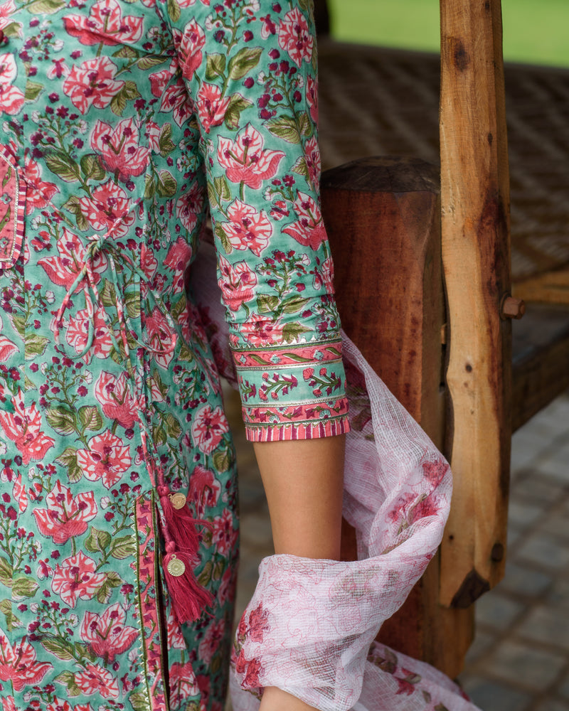 Sea Green Cotton A-line Kurta Dupatta Set For Women's