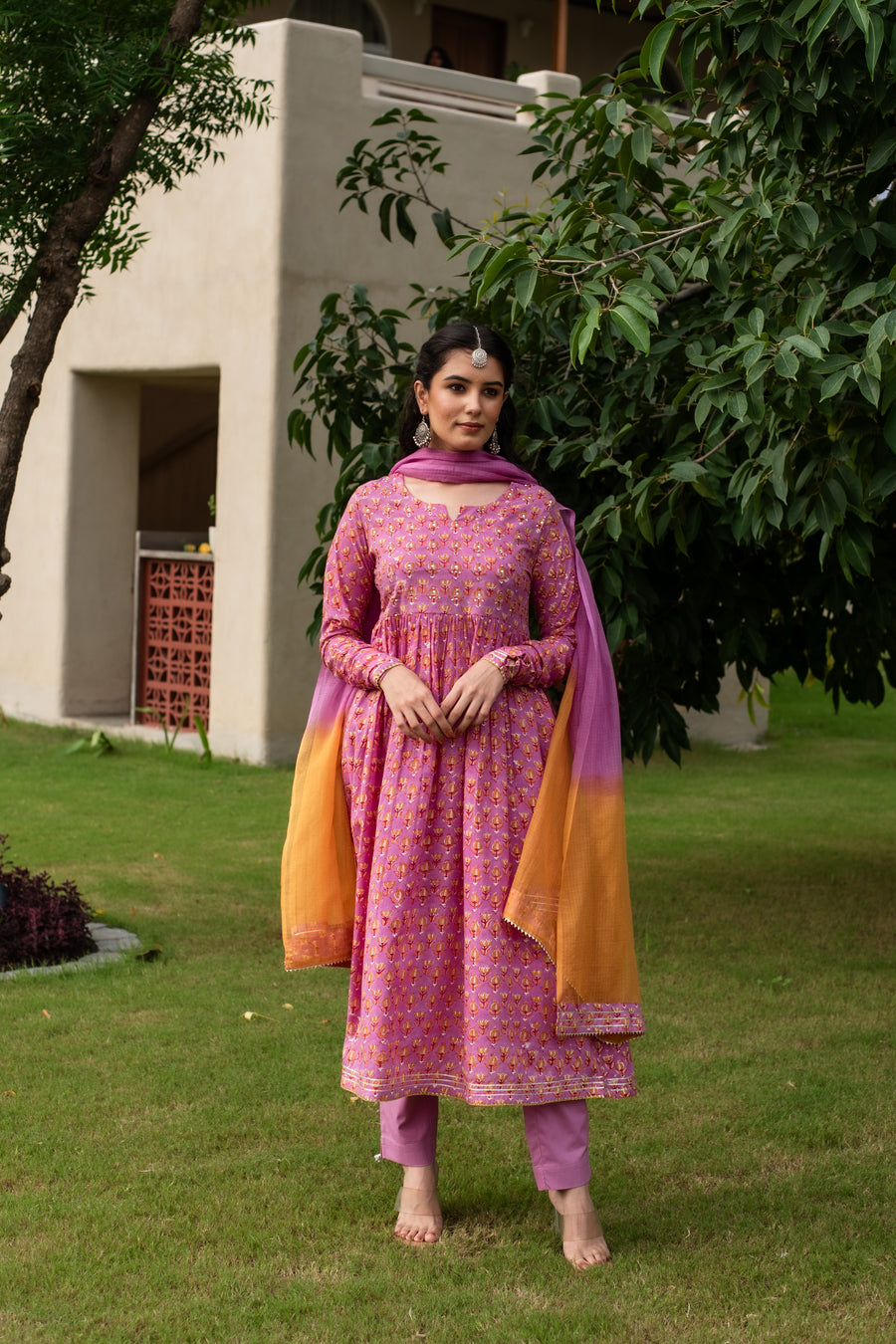 Onion Pink Cotton Kalidar Kurta Dupatta Set(Pant Not Included)
