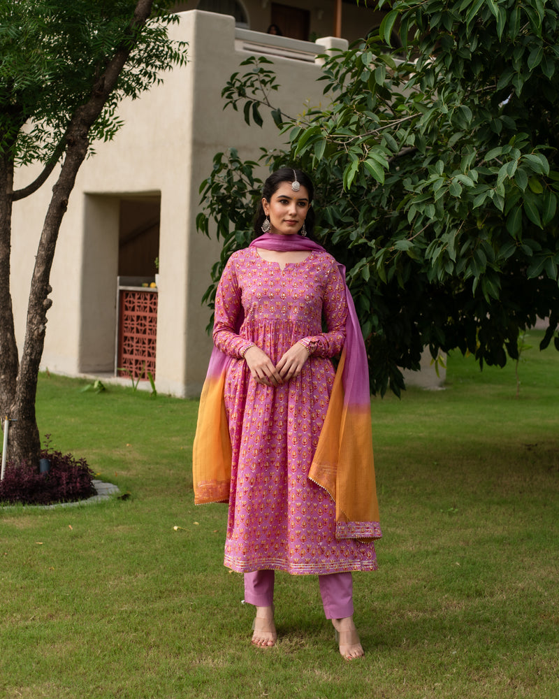 Onion Pink Cotton Kalidar Kurta Dupatta Set For Women's