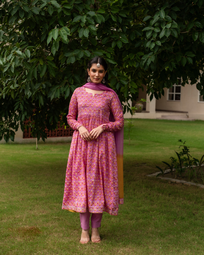 Onion Pink Cotton Kalidar Kurta Dupatta Set For Women's