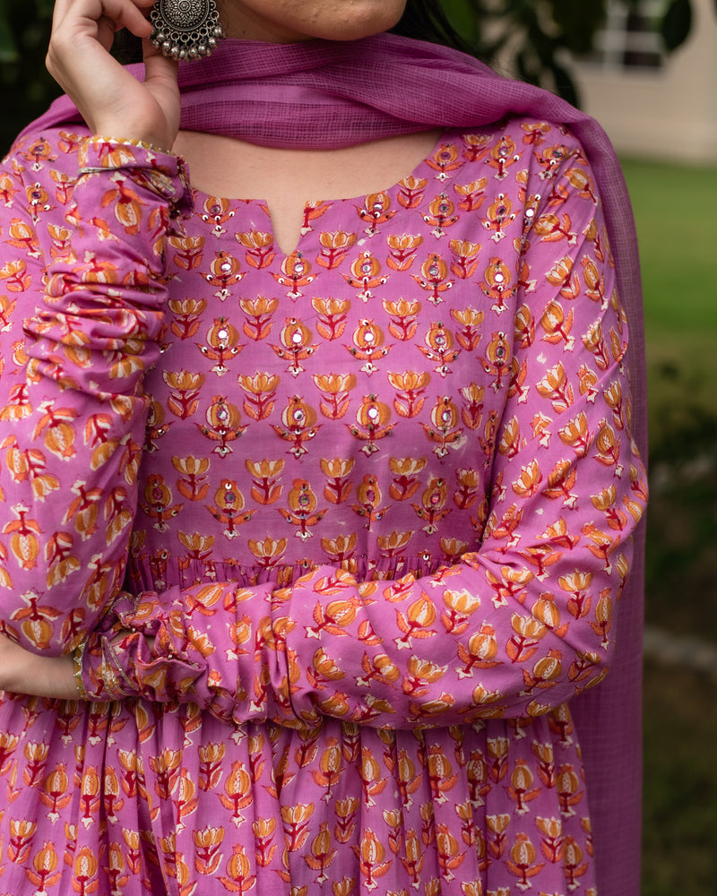 Onion Pink Cotton Kalidar Kurta Dupatta Set For Women's