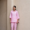 Baby Pink Muslin Collar With V-Neck Bandhani Co-Ord Set For Women's