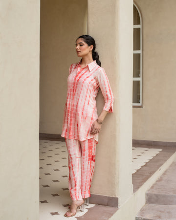 Orange Lehriya With Tie & Dye Muslin Shirt Collar Co-Ord Set For Women's