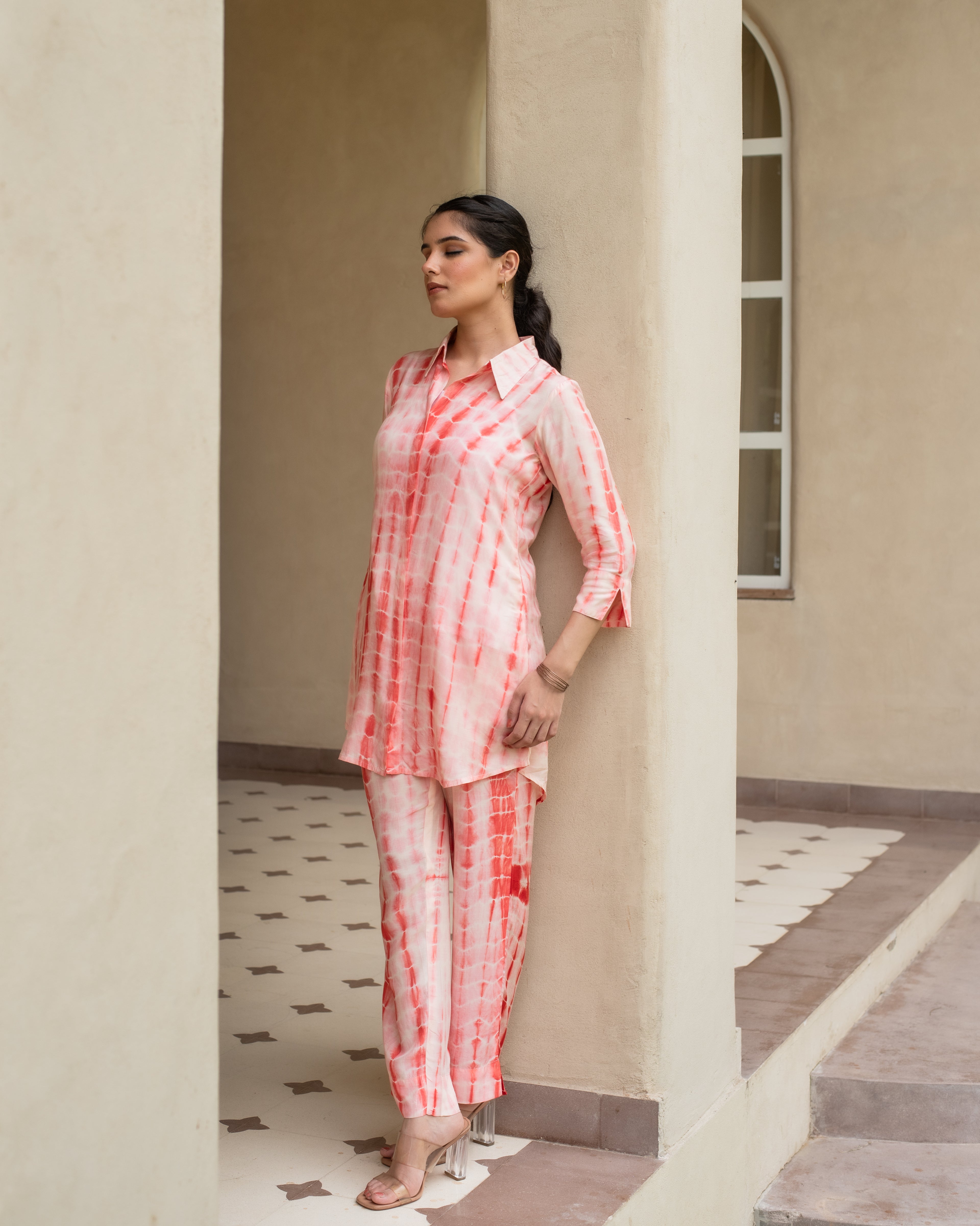 Orange Lehriya With Tie & Dye Muslin Shirt Collar Co-Ord Set For Women's