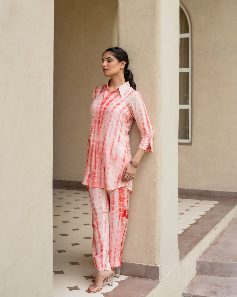 Orange Lehriya With Tie & Dye Muslin Shirt Collar Co-Ord Set For Women's