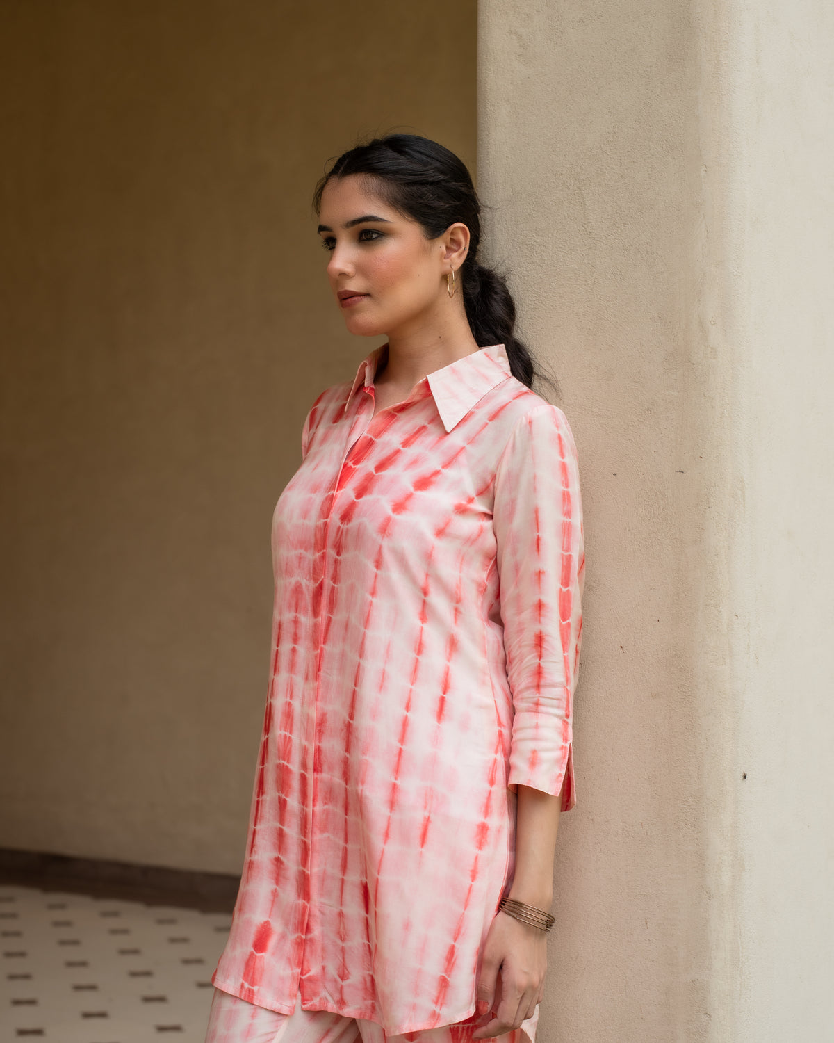Orange Lehriya With Tie & Dye Muslin Shirt Collar Co-Ord Set For Women's