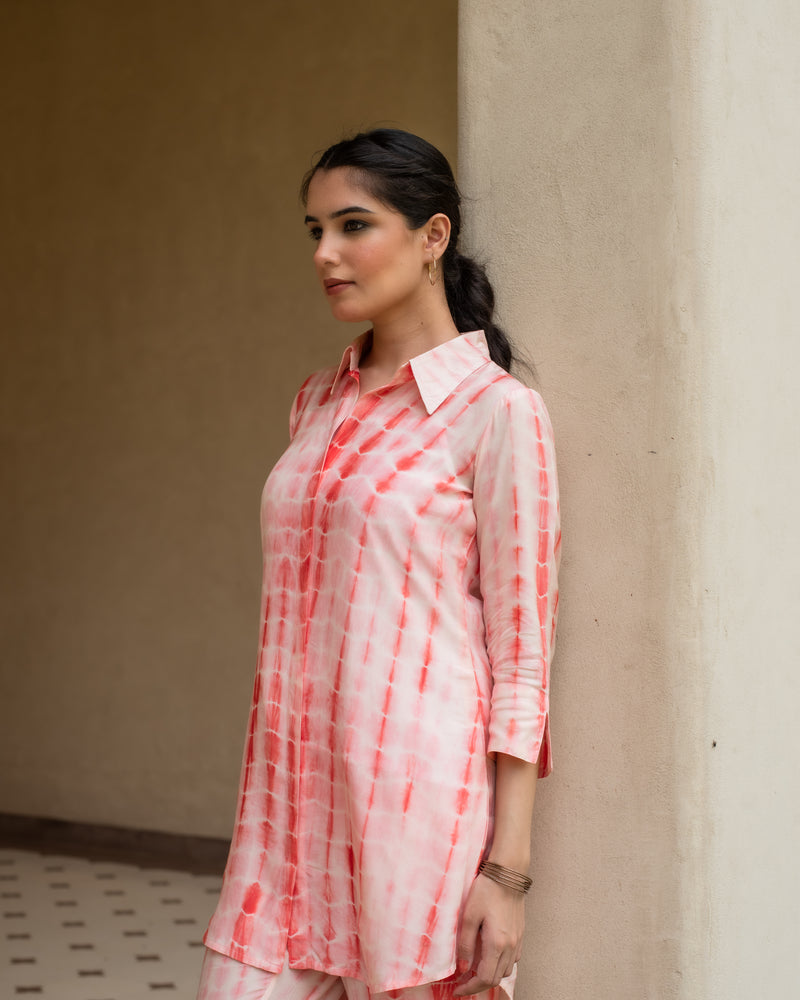 Orange Lehriya With Tie & Dye Muslin Shirt Collar Co-Ord Set For Women's