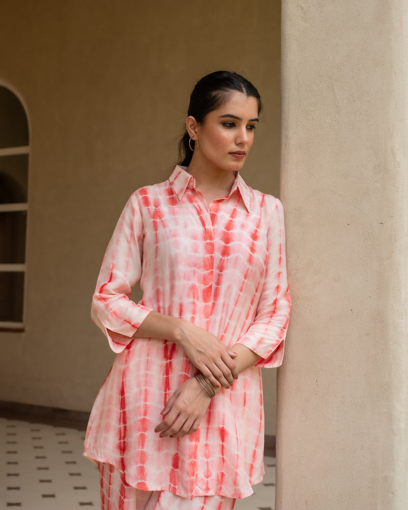 Orange Lehriya With Tie & Dye Muslin Shirt Collar Co-Ord Set For Women's