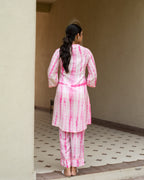 Pink Lehriya With Tie & Dye Muslin Sitting Collar With V-Neck Co-Ord Set For Women's