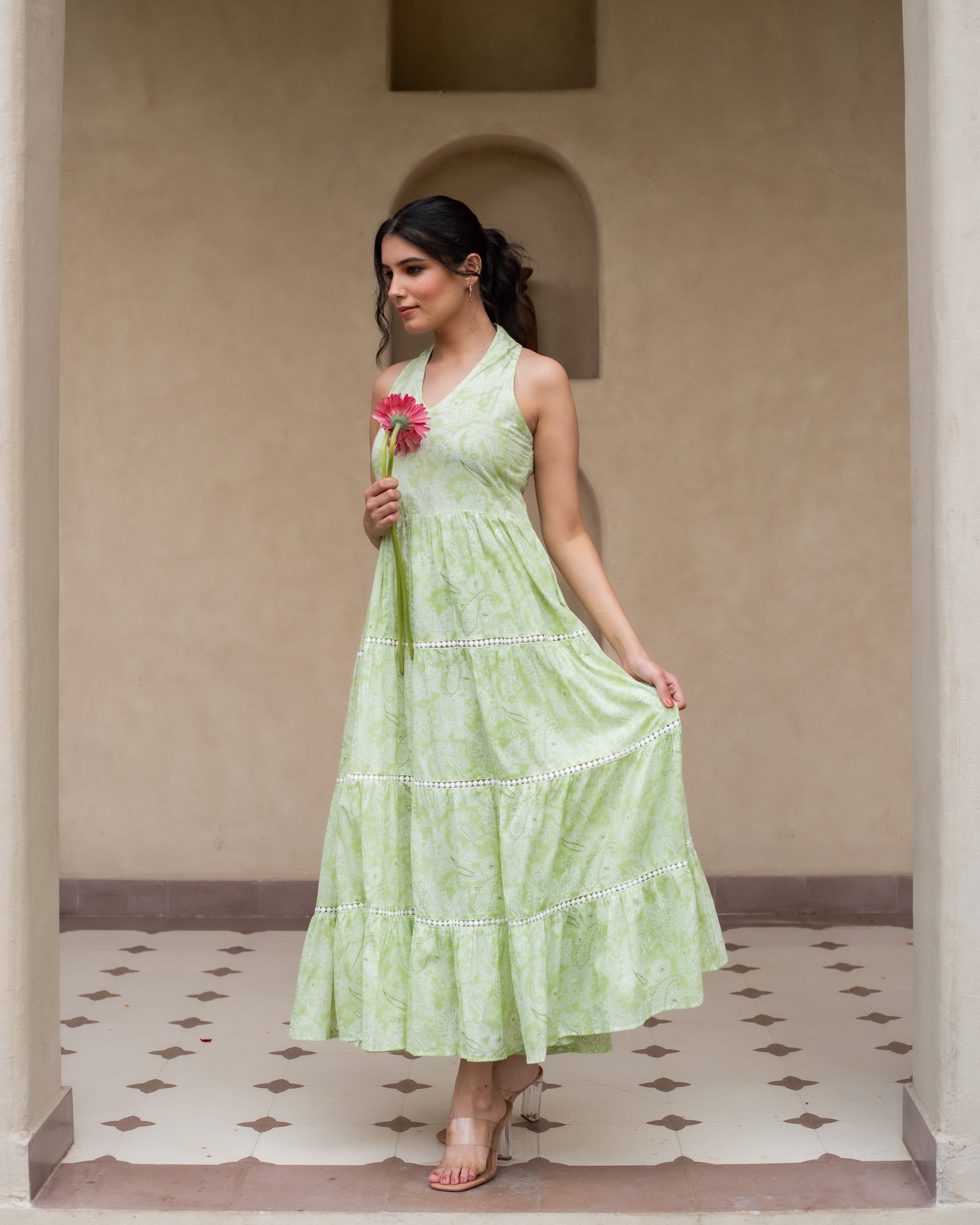 Green Halter Neck Dress | Travel Summer Dress  Vari
