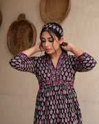 Black Cotton V-Neck Dress For Women's