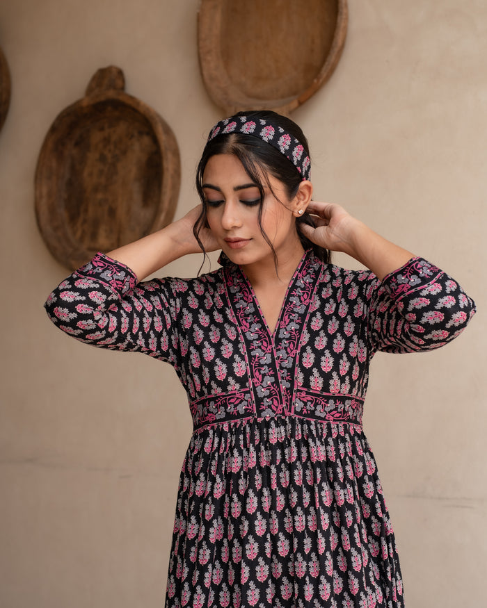 Black Cotton V-Neck Dress For Women's