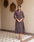 Black Cotton V-Neck Dress For Women's