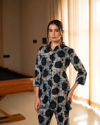 Grey And Blue Cotton Collar Neck Handblock Co-Ord Set For Women's