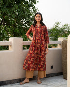 Maroon with Multicolored Cotton Round neck Jaal print Straight Kurta