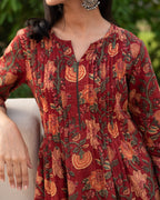 Maroon with Multicolored Cotton Round neck Jaal print Straight Kurta
