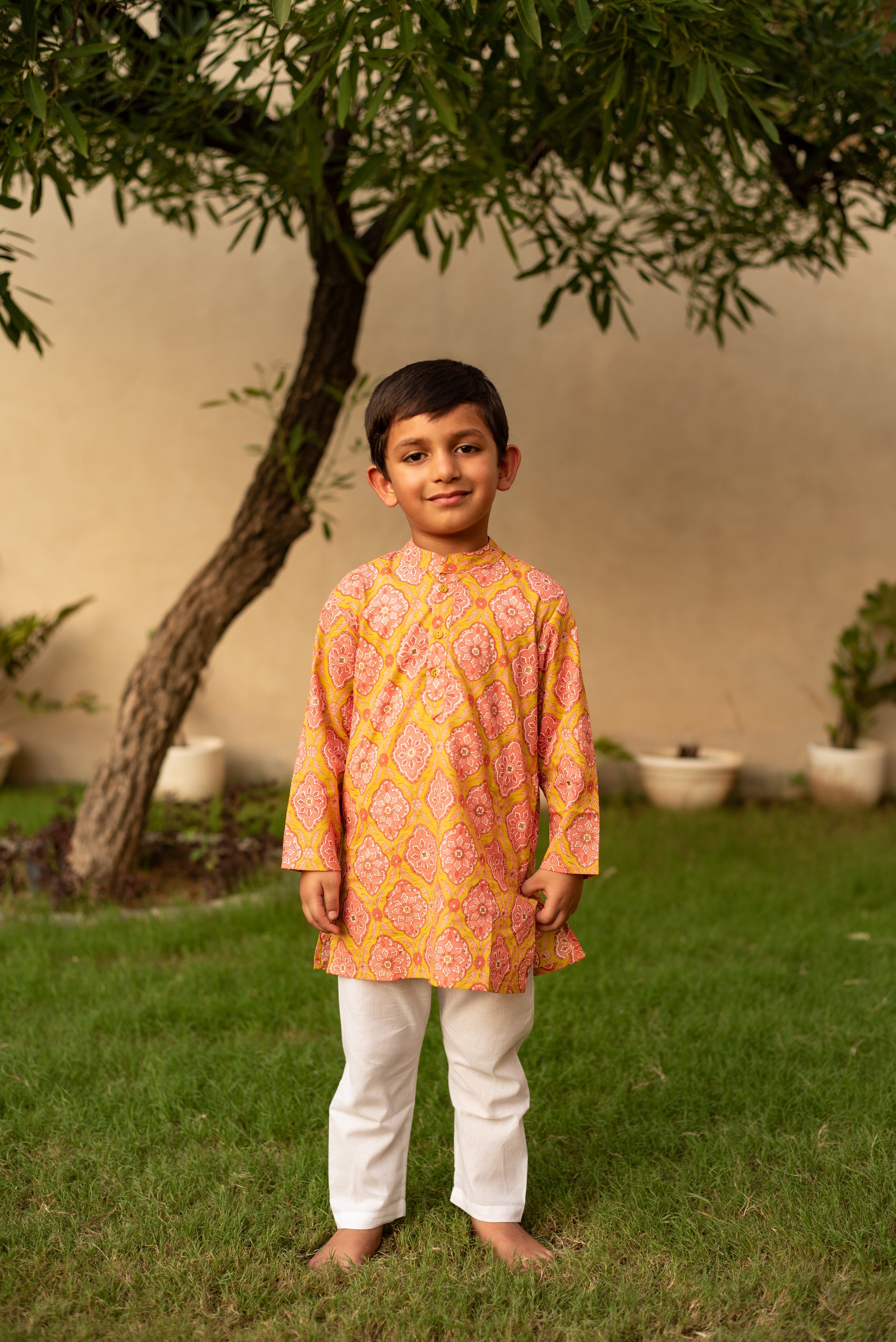 Peach Kurta with Mehndi Green Accents