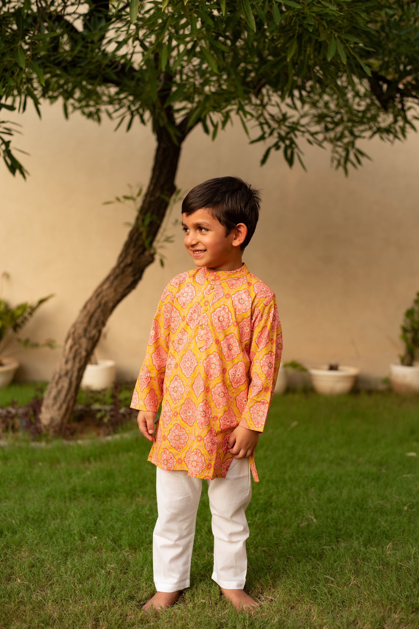 Peach Kurta with Mehndi Green Accents