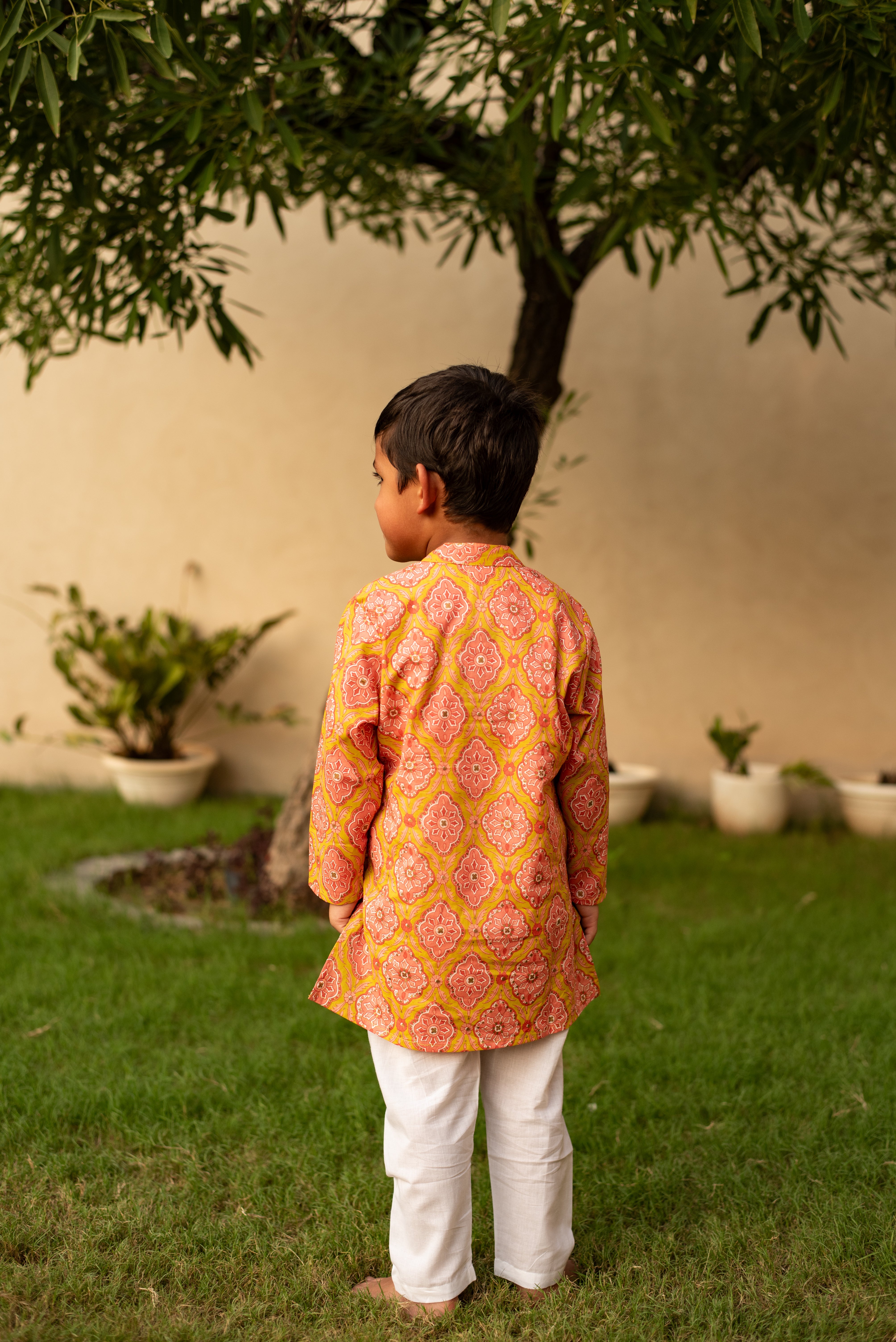 Peach Kurta with Mehndi Green Accents