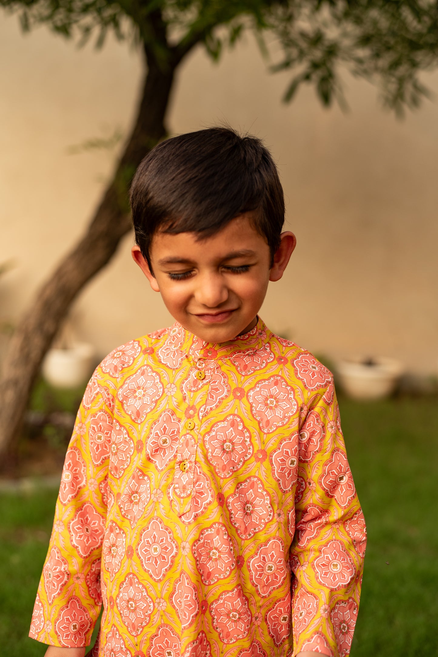 Peach Kurta with Mehndi Green Accents