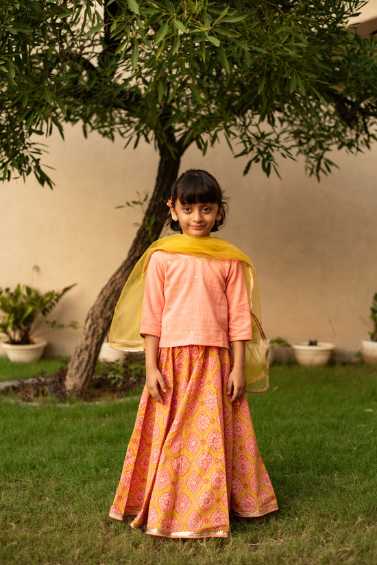 Peach Top with Mustard Skirt and Dupatta