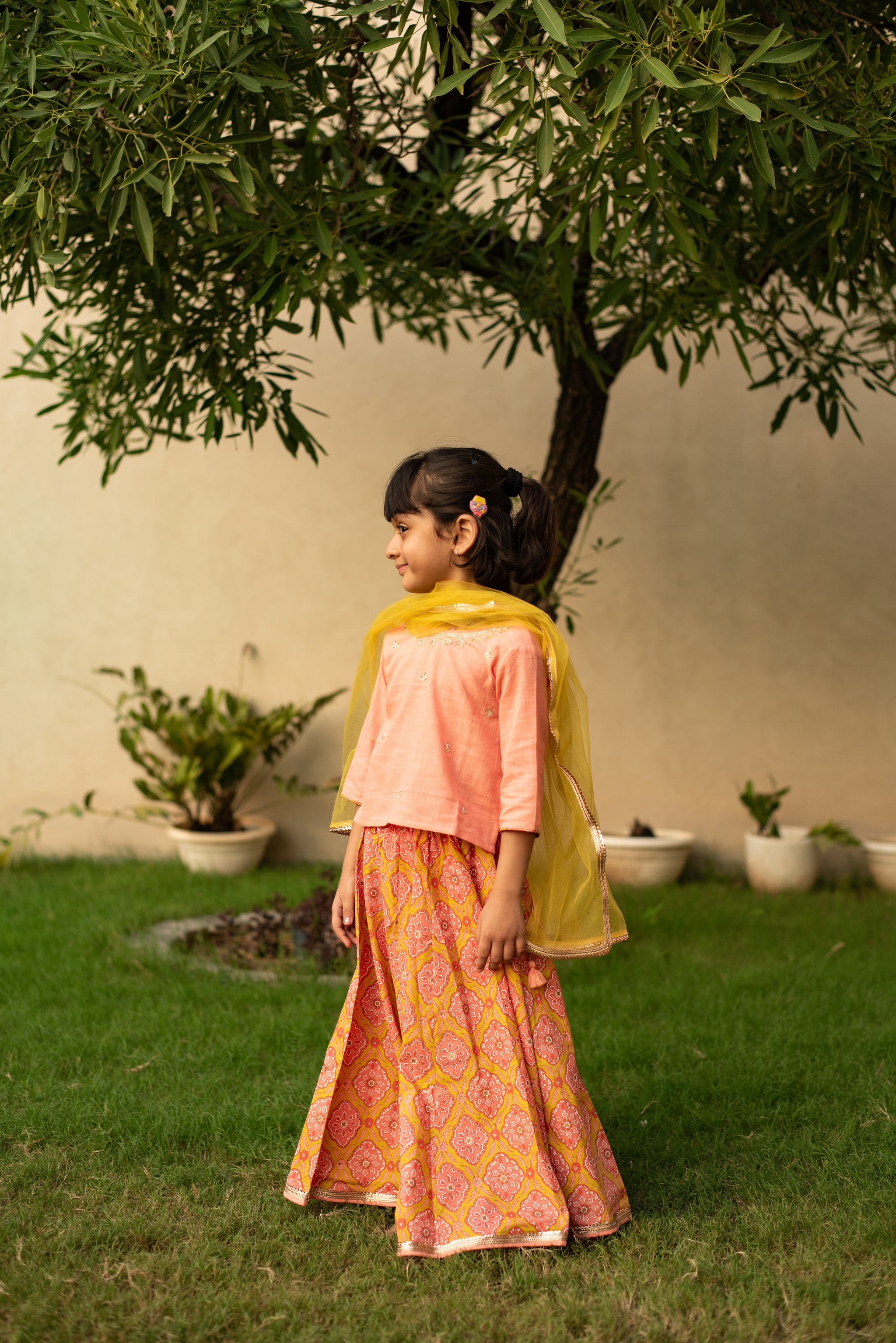 Peach Top with Mustard Skirt and Dupatta