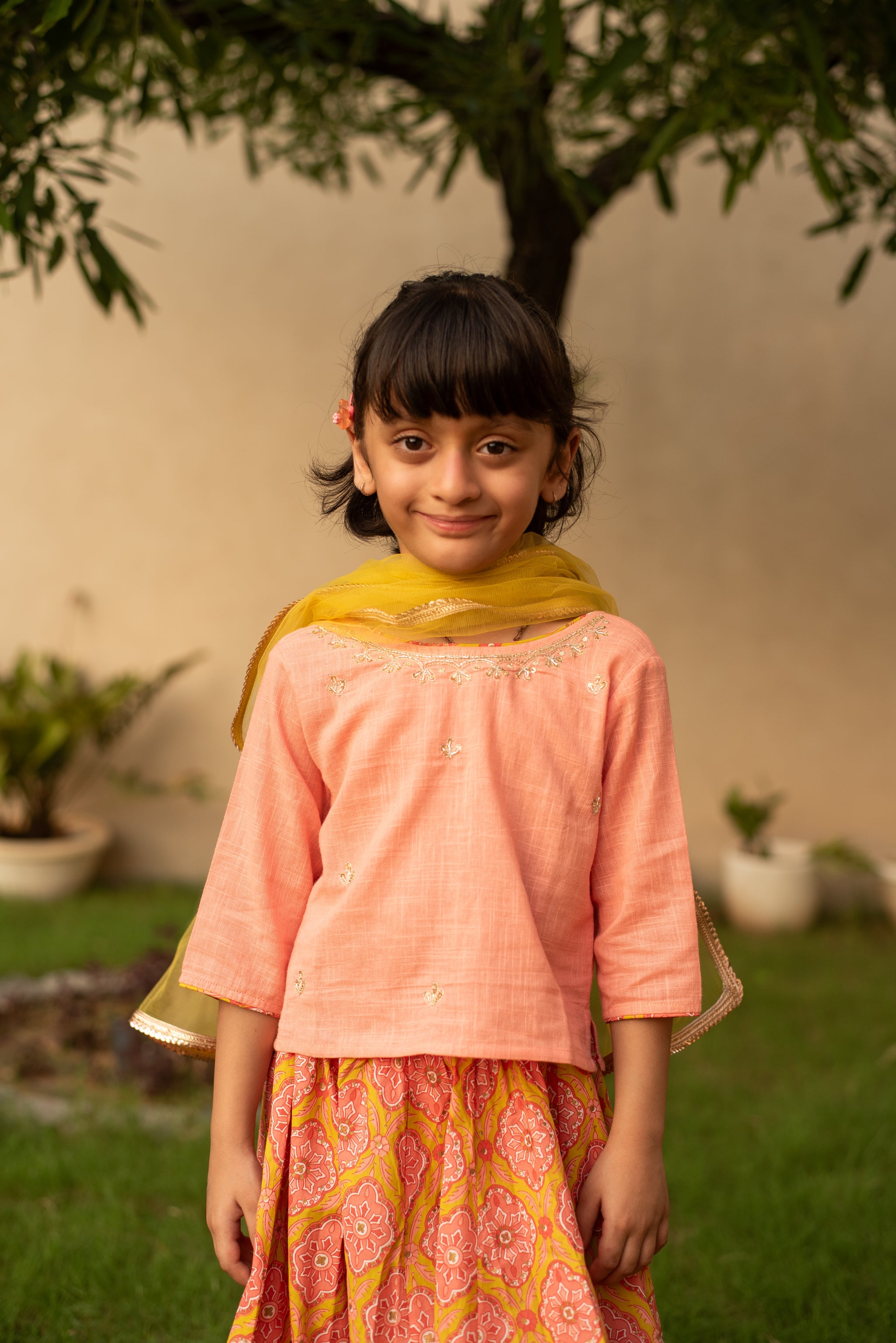 Peach Top with Mustard Skirt and Dupatta