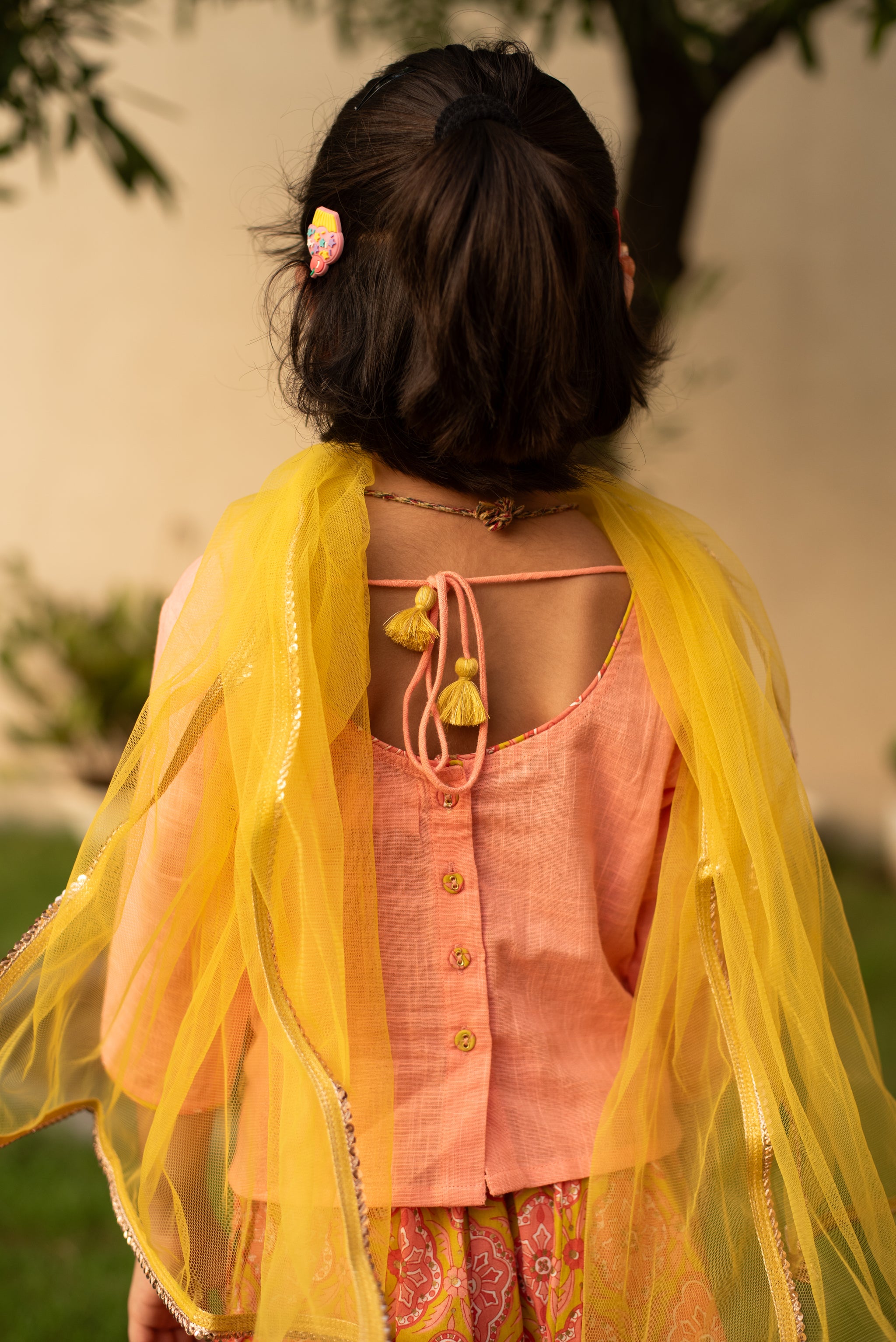 Peach Top with Mustard Skirt and Dupatta