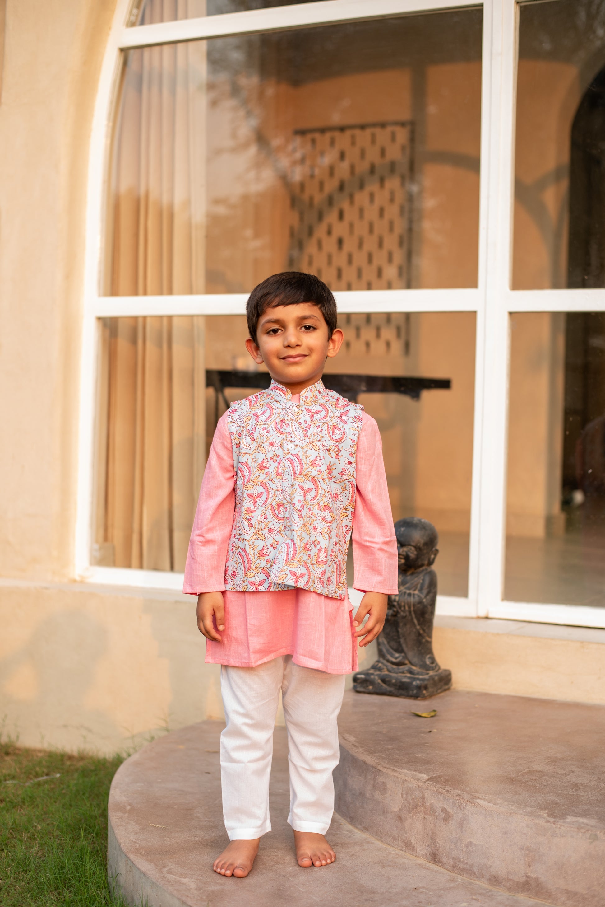 Baby Pink Kurta with Sky Blue Floral Jacket