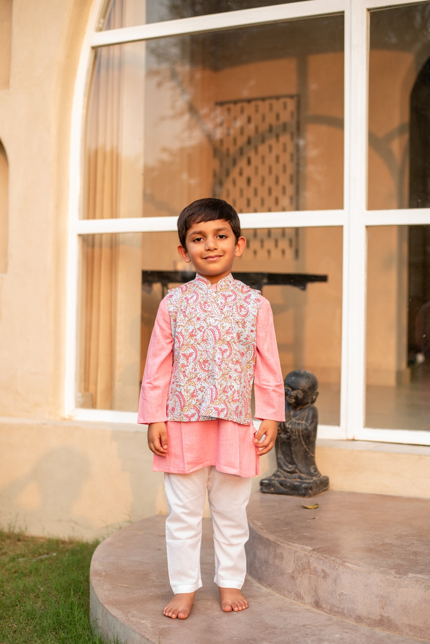 Baby Pink Kurta with Sky Blue Floral Jacket