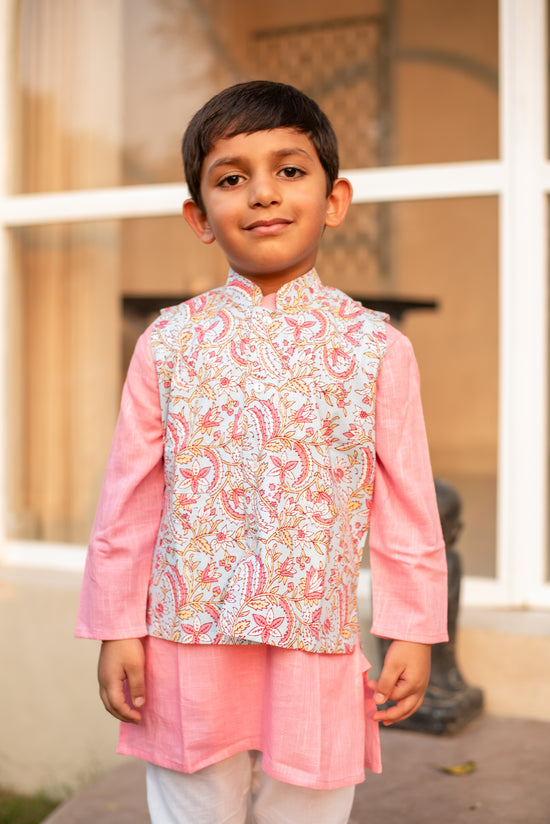 Baby Pink Kurta with Sky Blue Floral Jacket