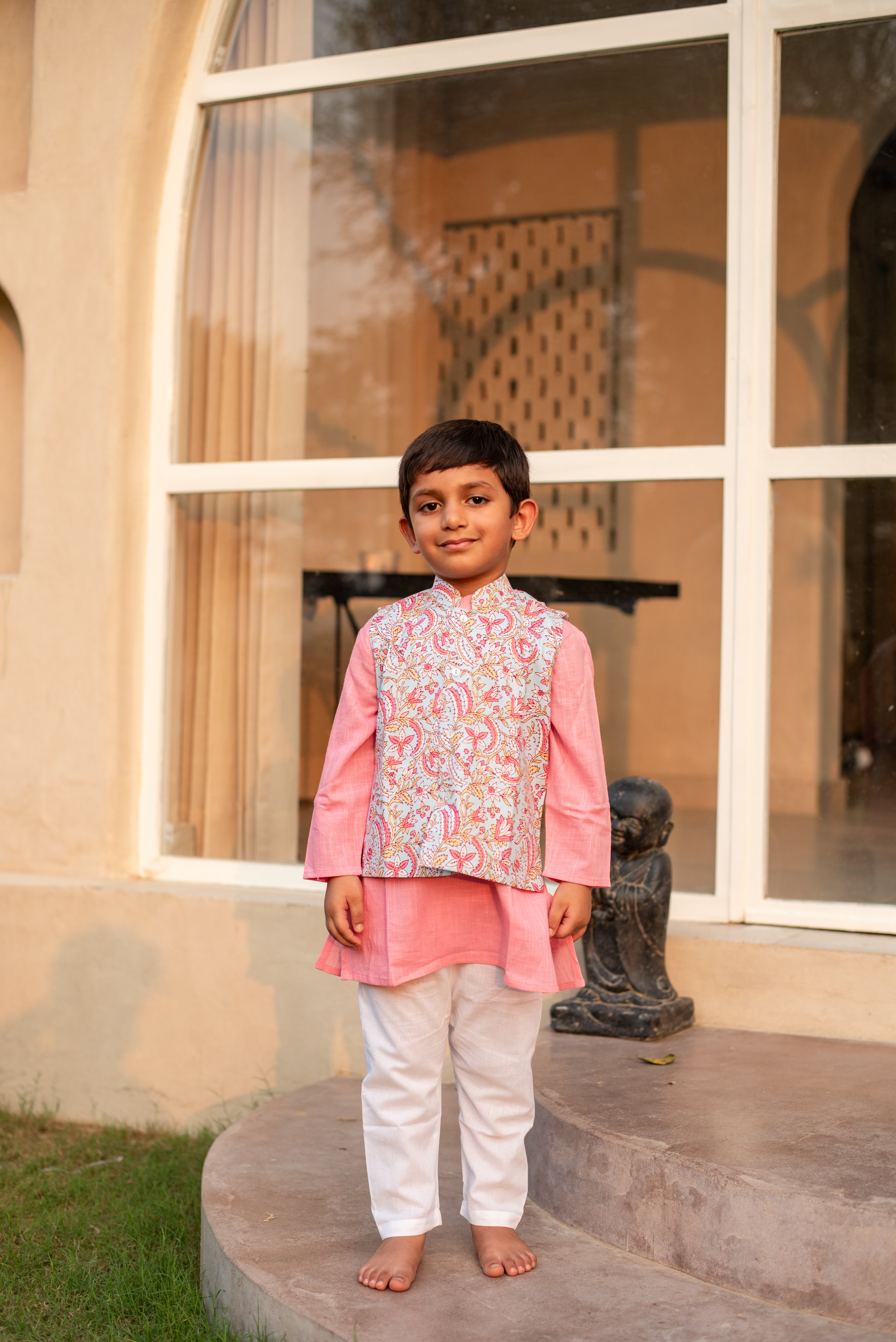 Baby Pink Kurta with Sky Blue Floral Jacket