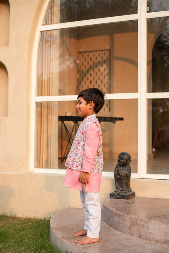 Baby Pink Kurta with Sky Blue Floral Jacket