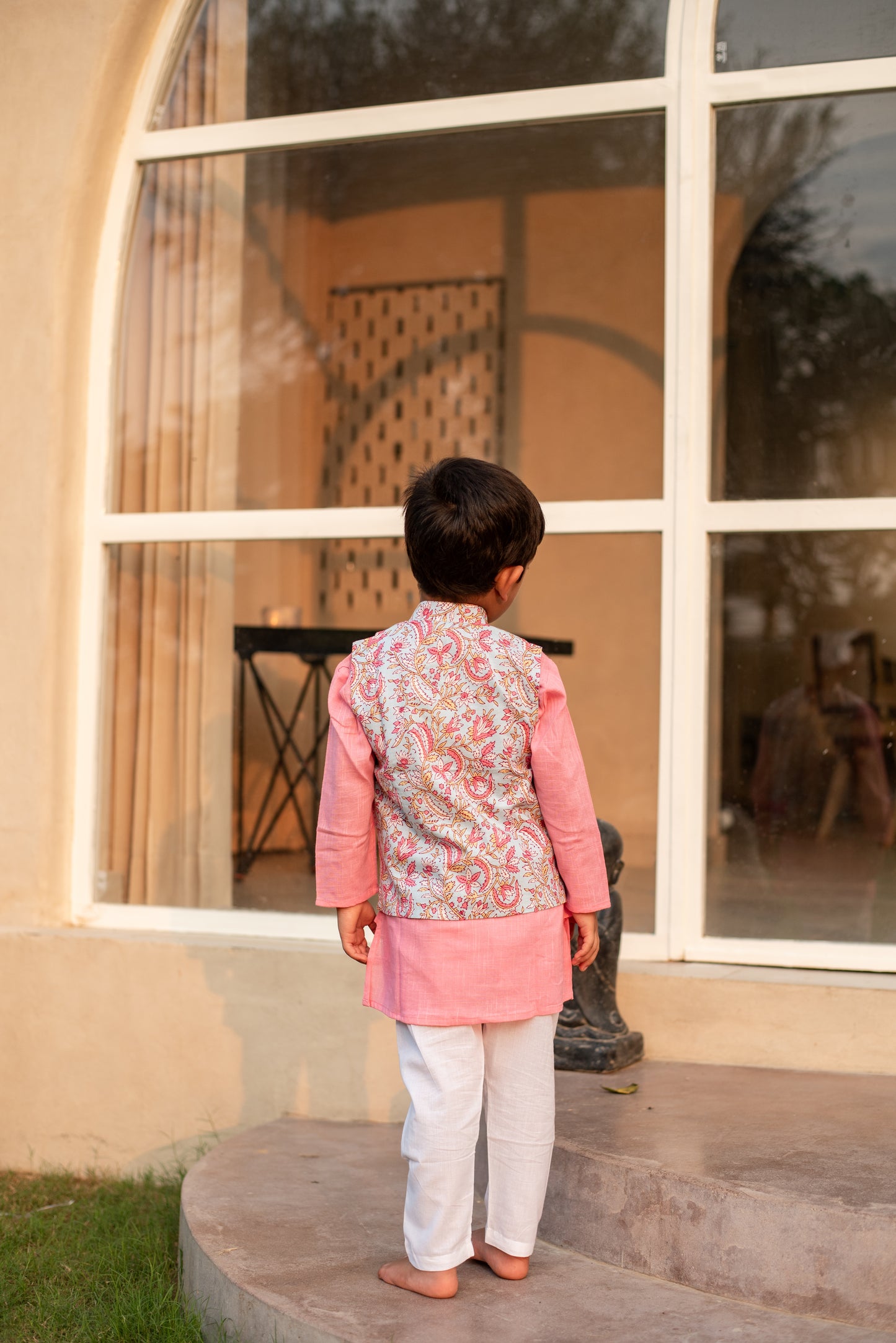 Baby Pink Kurta with Sky Blue Floral Jacket