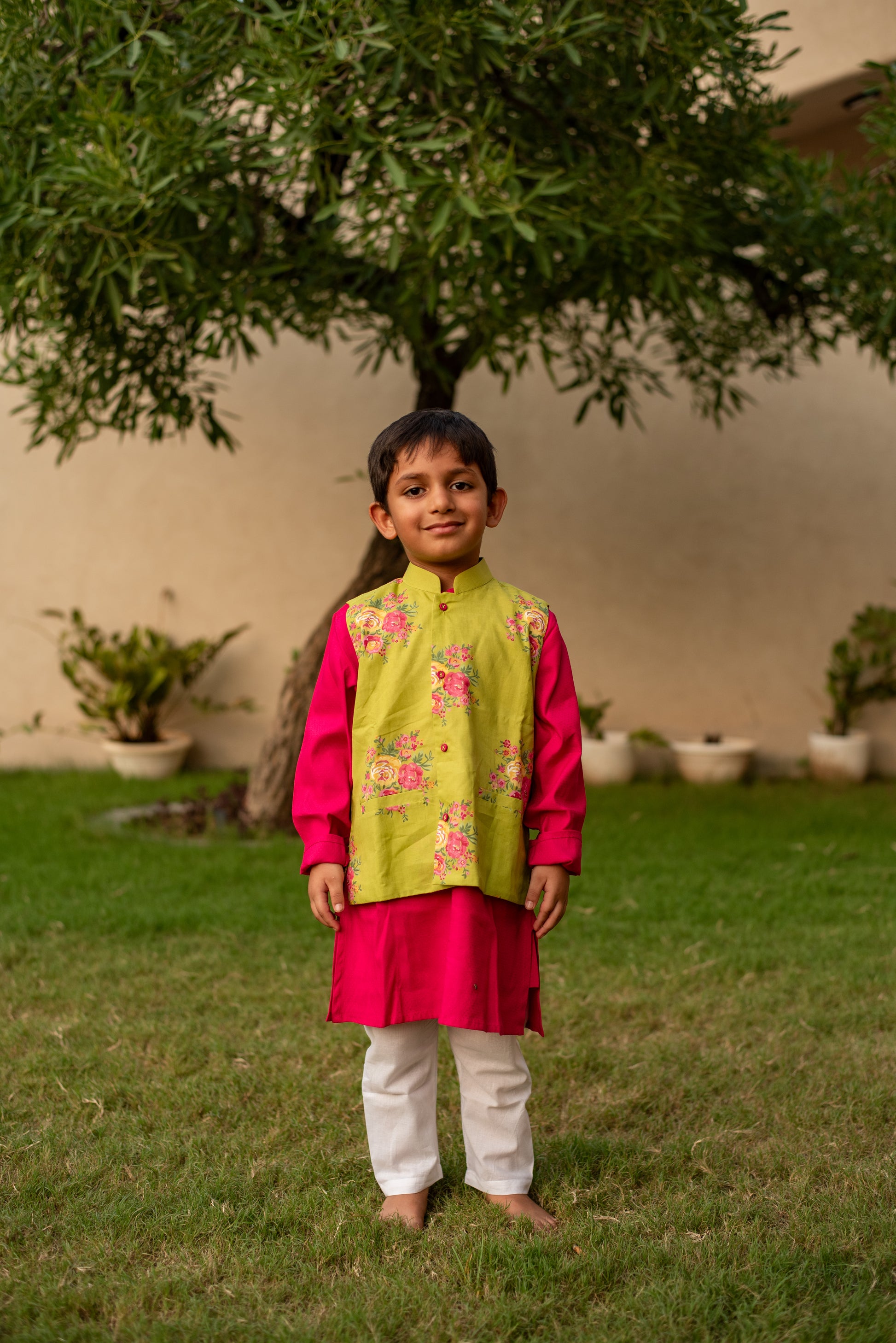 Majenta Pink Kurta with Green Floral Jacket