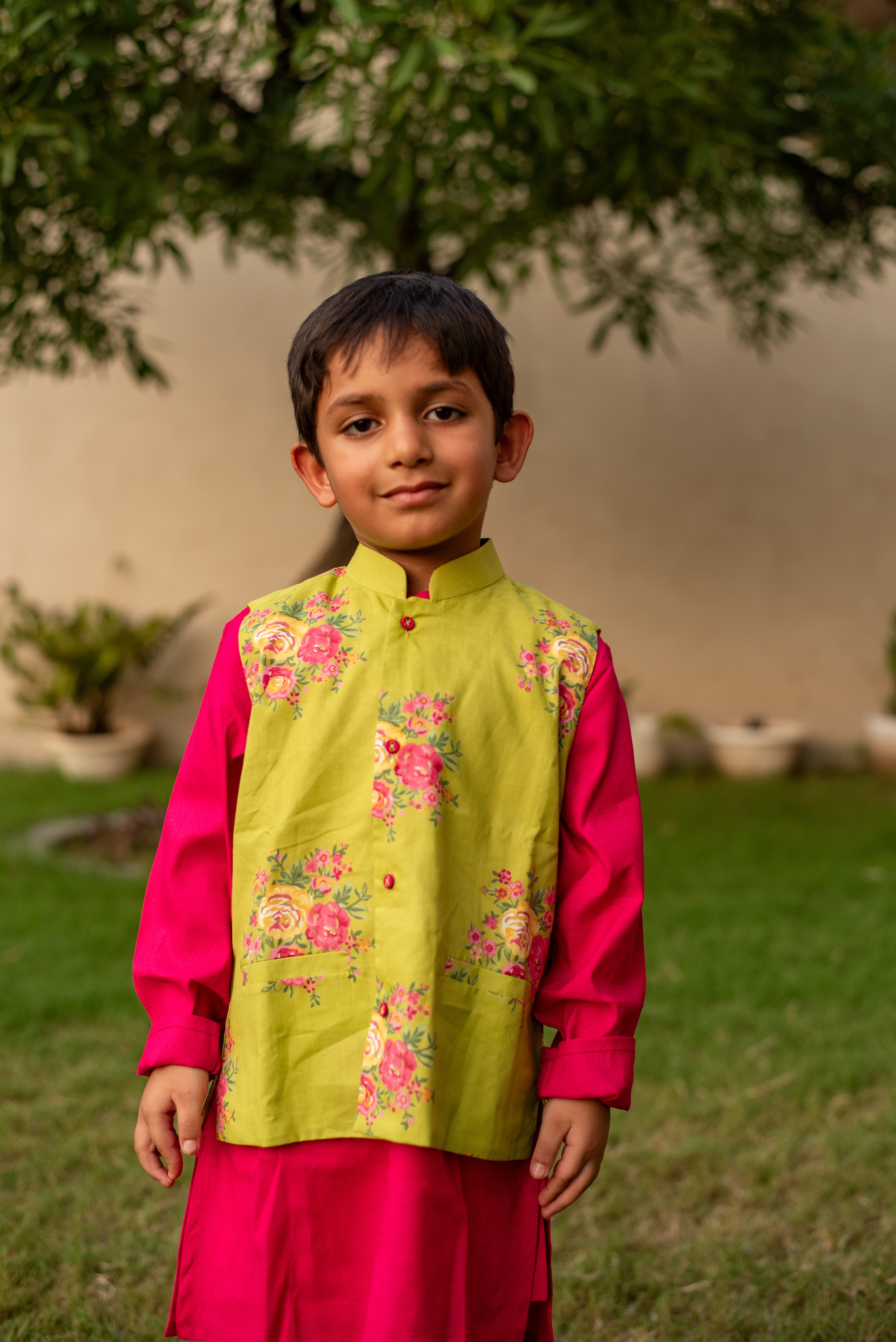 Majenta Pink Kurta with Green Floral Jacket